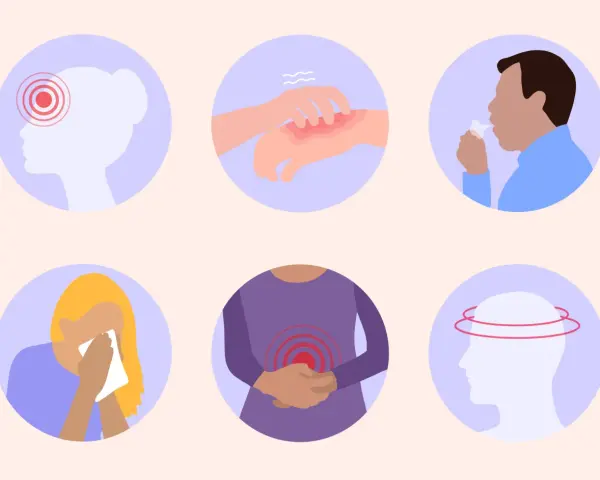 Symptômes d'une allergie : maux de tête, éruption cutanée, toux, éternuements, douleurs abdominales, vertiges. Peut-être une allergie au maquereau.