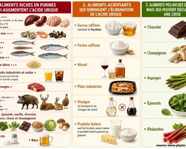 Tableau comparatif des aliments : ceux qui augmentent l'acide urique (abats, fruits de mer, poissons, levure, sodas, viandes rouges, gibiers, sel, bière), ceux qui diminuent son élimination (sucres, farine, alcool, plats industriels, vinaigre sauf cidr...