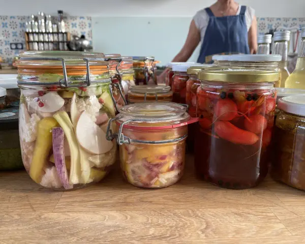 Bocaux de légumes lacto-fermentés, colorés et variés, prêts à être dégustés. Des pickles de légumes maison pour une touche croquante.
