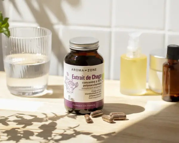 Bouteille d'extrait de Chaga, compléments alimentaires et verre d'eau. Découvrez les chaga bienfaits pour votre bien-être.