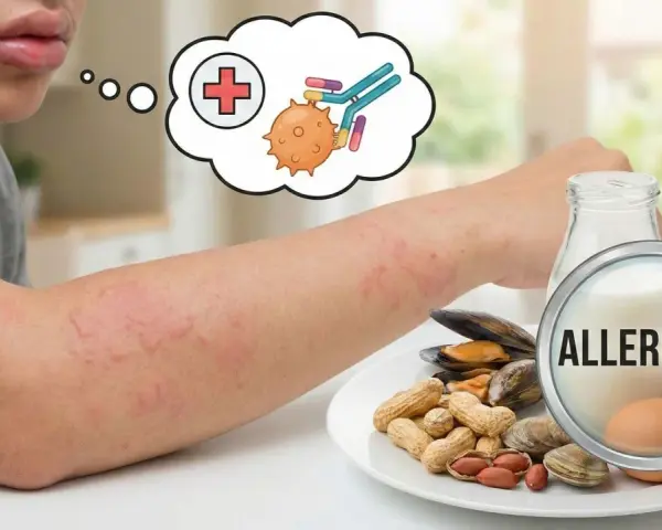 Éruption cutanée sur le bras, pensée d'une réaction allergique. L'allergie au safran peut se manifester ainsi.
