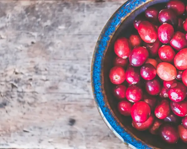 Cranberries dans un bol bleu sur fond de bois. Un remède naturel pour l'infection urinaire.