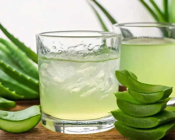 Deux verres de jus d'aloe vera à boire, entourés de feuilles d'aloe vera fraîches et de morceaux coupés.