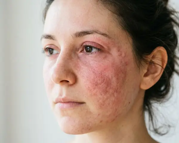 Visage d'une femme avec une peau rouge et irritée autour des yeux et sur les joues, possiblement une allergie au collagène.
