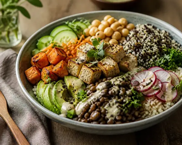 Un délicieux bouddha bowl coloré avec tofu grillé, patates douces, avocat, lentilles, pois chiches, quinoa et radis.