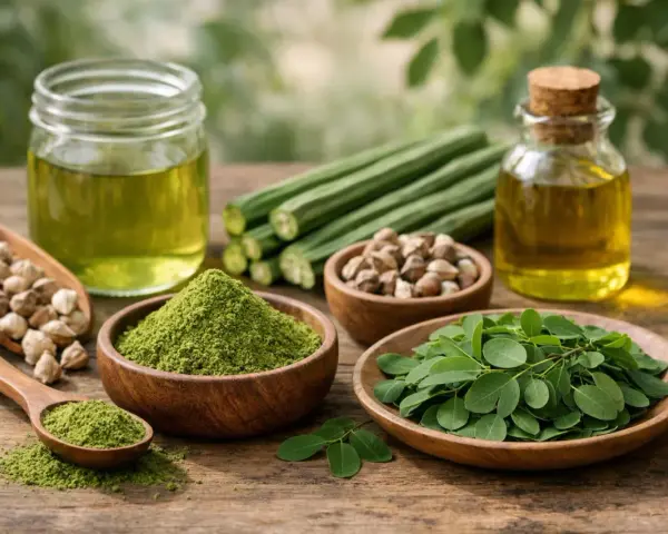Huiles, feuilles, poudre et bâtonnets de moringa, illustrant les multiples moringa bienfaits pour la santé.