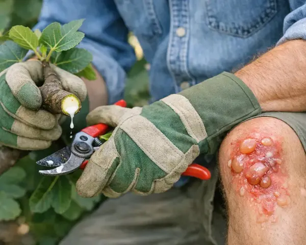 Gants verts protégeant des mains qui taillent une branche de figuier d'où coule la seve de figuier. Le genou porte une blessure avec des cloques.