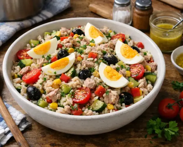 Salade de riz aux œufs, thon, olives et tomates, assaisonnée d'une vinaigrette vinaigre de riz.