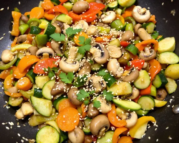Un wok de légumes asiatique coloré avec des carottes, courgettes, poivrons et champignons, parsemé de graines de sésame et de persil frais.