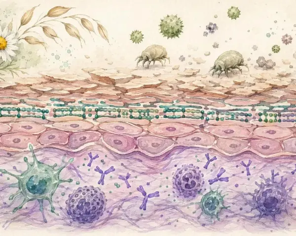 Coupe de peau montrant des acariens et des pollens déclenchant une réaction allergique avec des anticorps et des cellules immunitaires. Une prise de sang allergie peut révéler ces réactions.