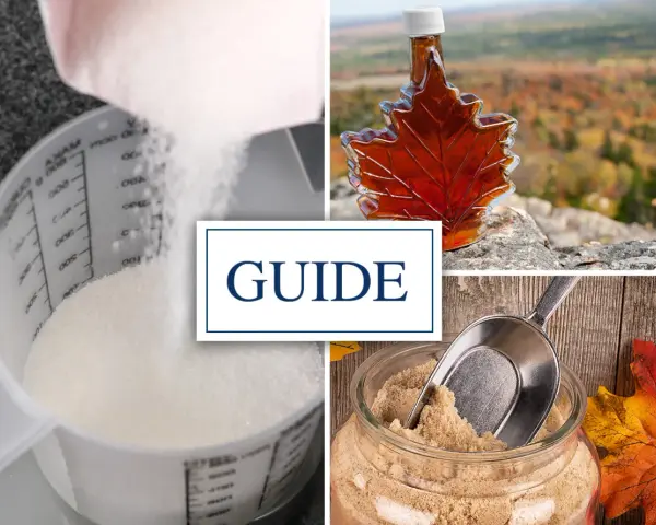 Guide : par quoi remplacer sirop d'érable. Sucre blanc, sirop ambré en feuille d'érable, cassonade.