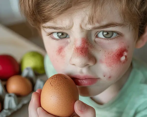 Visage d'enfant irrité, gros plan sur un œuf. Il semble souffrir d'une allergie œuf cru.