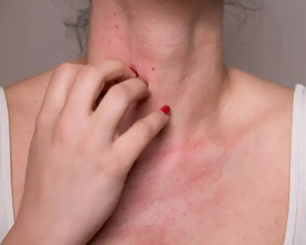 Une personne se gratte le cou et la poitrine, montrant une éruption cutanée rouge. Cela pourrait être une allergie noisette.