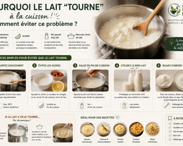 Pour éviter que le lait tourne, privilégiez le bon lait entier UHT. Si vous l'utilisez pour des sauces, diluez la farine dans du lait froid pour un mélange lisse.