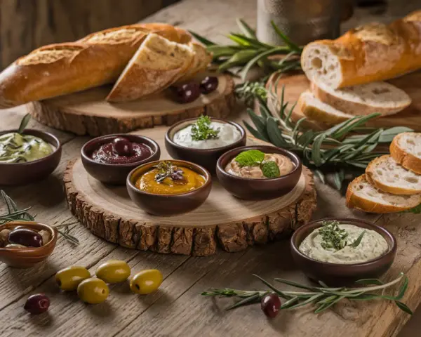 Assortiment de sauces dip colorées, accompagnées de pain frais et d'olives, sur une table en bois rustique.