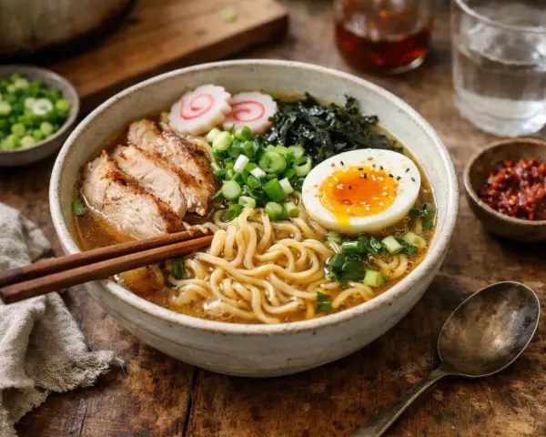 Un bol de ramen de poulet fumant avec des nouilles, des tranches de poulet grillé, un œuf mollet, des algues et des oignons verts.