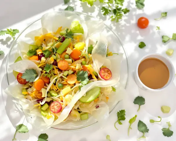 Un rouleau de printemps végétarien coloré, rempli de nouilles, carottes, concombre, pois et herbes fraîches, servi avec une sauce.