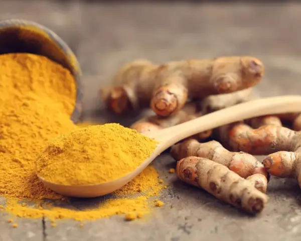 Racines de curcuma et poudre dorée sur une cuillère en bois, symbolisant le curcuma bienfait pour la santé.