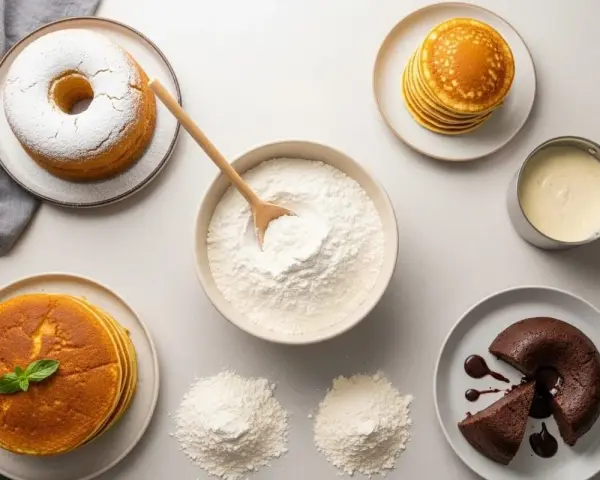 Découvrez par quoi remplacer la farine dans un gâteau : pancakes, gâteau au chocolat, et un gâteau savarin.