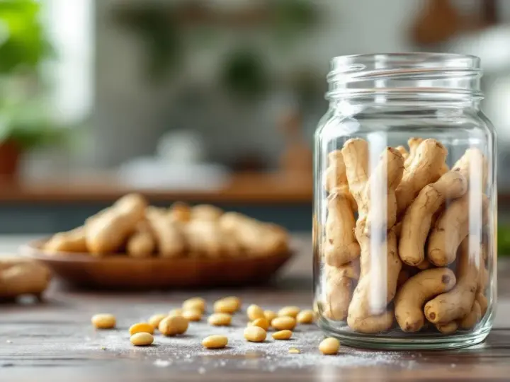 Racines d'ashwagandha dans un bocal en verre, rappelant le danger potentiel de surconsommation.