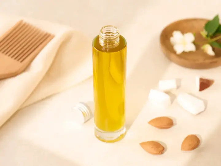 Bouteille d'huile d'amande douce pour les cheveux, avec un peigne en bois, des amandes et des fleurs de jasmin.