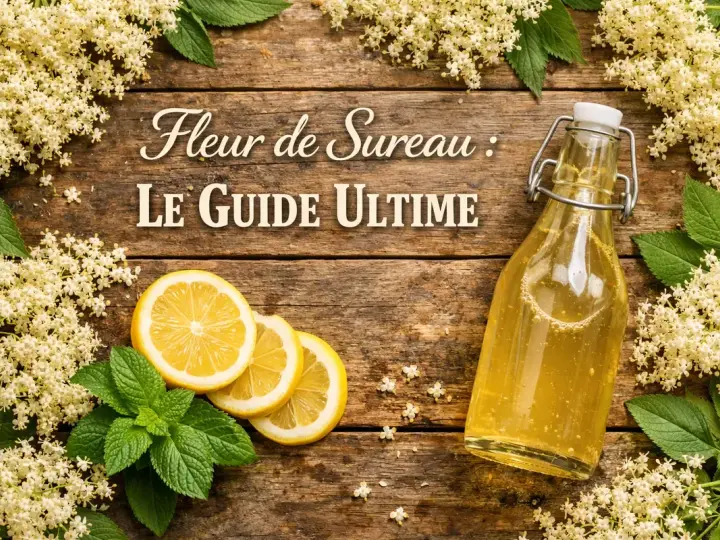 Fleurs de sureau en abondance, une bouteille de sirop doré, des citrons et de la menthe sur fond de bois. Le guide ultime pour le sureau.