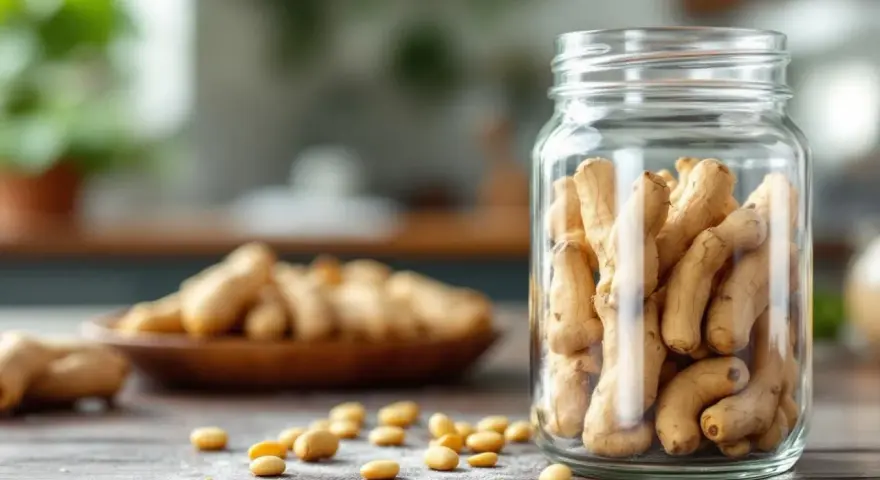 Racines d'ashwagandha dans un bocal en verre, rappelant le danger potentiel de surconsommation.