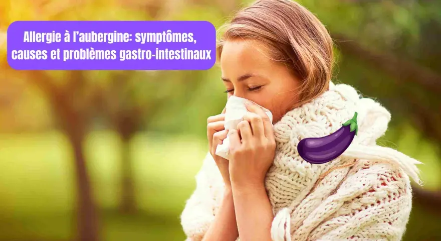 Une jeune femme éternue dans un mouchoir, une aubergine stylisée à côté d'elle. Elle souffre peut-être d'une allergie aubergine.