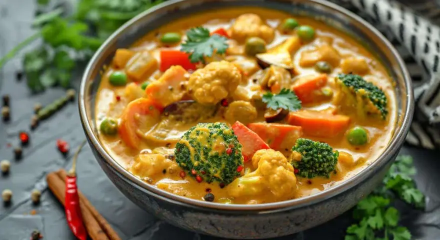Un délicieux coco curry végétarien, riche en brocolis, chou-fleur et carottes, garni de coriandre fraîche.