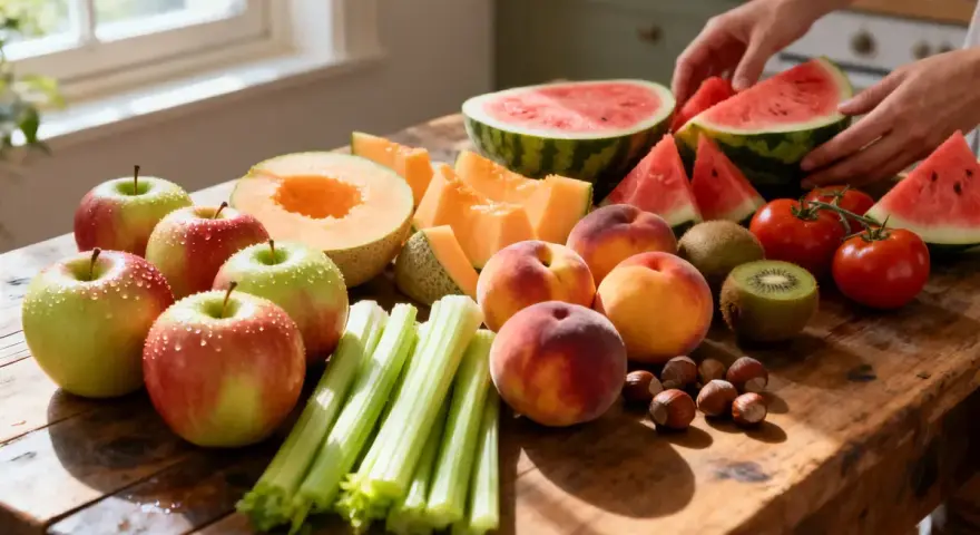 Fruits et légumes frais sur une table en bois. Une alimentation saine peut aider à gérer une allergie aux graminées.