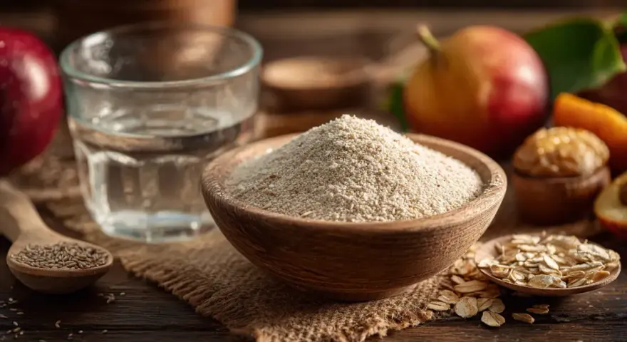 Un bol de psyllium en poudre, des flocons d'avoine, des fruits et un verre d'eau. Découvrez les psyllium bienfaits pour une alimentation saine.