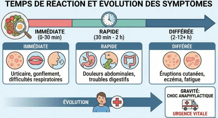 Graphique illustrant les temps de réaction et symptômes d'une allergie, incluant urticaire, troubles digestifs et éruptions cutanées. Une allergie au collagène peut se manifester rapidement ou tardivement.