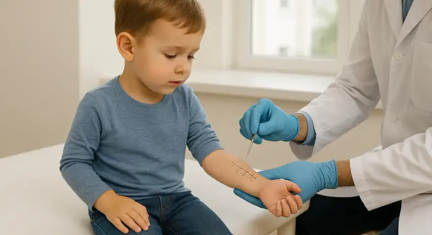 Un enfant subit un test cutané pour diagnostiquer une allergie au maïs. Le médecin, ganté, utilise un instrument pour introduire des allergènes sur son bras.
