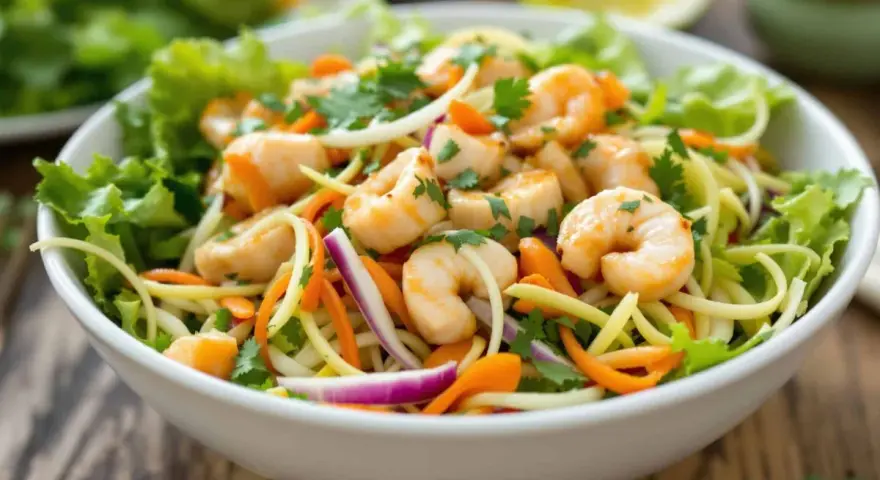 Salade de nouilles thaï colorée avec crevettes, carottes râpées, oignons rouges et coriandre fraîche, servie dans un bol blanc.