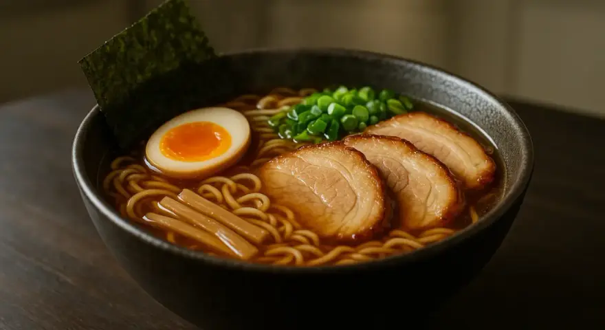 Un bol fumant de recette ramen japonais traditionnel : nouilles, œuf mollet, porc chashu, ciboule et algue nori.