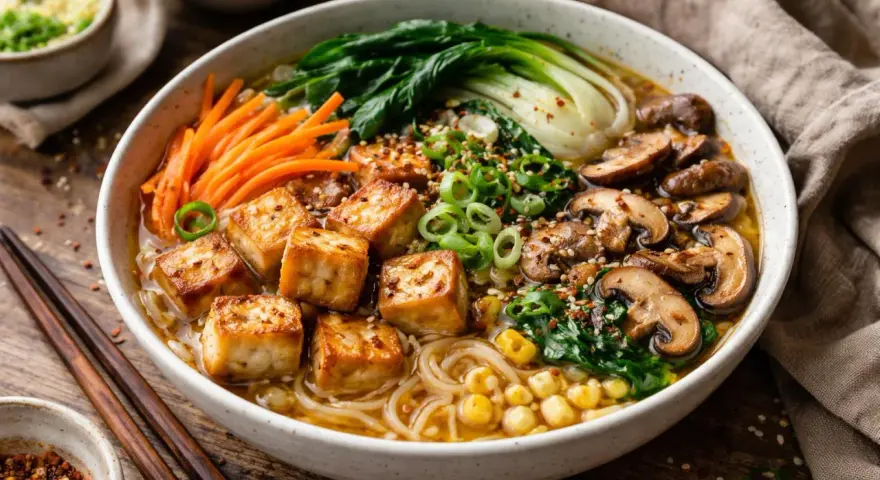 Un bol de ramen veggie appétissant avec des cubes de tofu croustillants, des champignons, du bok choy, des carottes et du maïs.