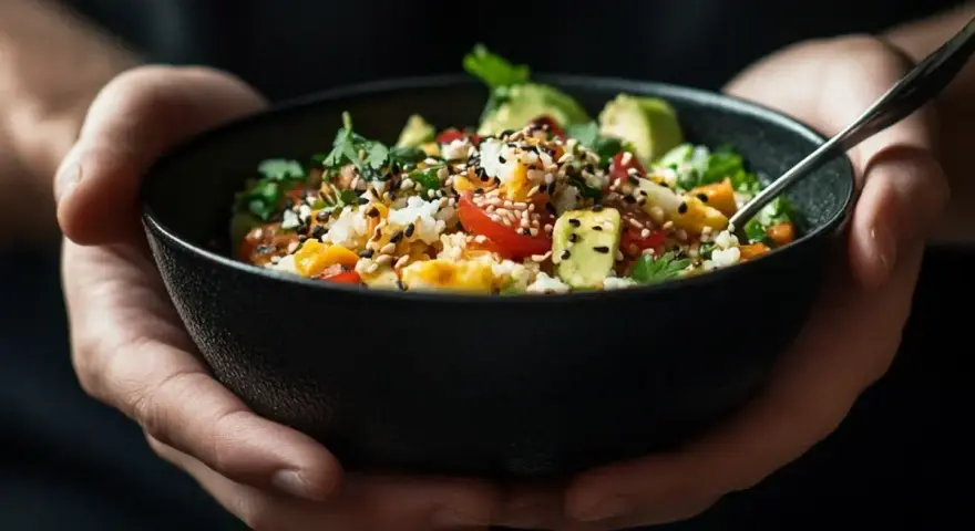 Un bol de riz coloré garni d'avocat, de tomates et de graines de sésame, prêt à être dégusté.