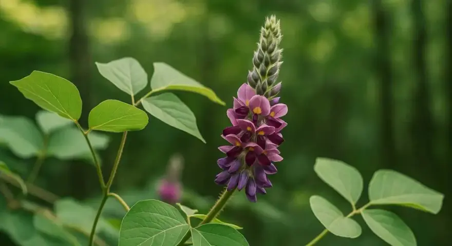 Fleur de kudzu, aux teintes violettes et roses, avec ses feuilles vertes. Une plante aux nombreux kudzu bienfaits.