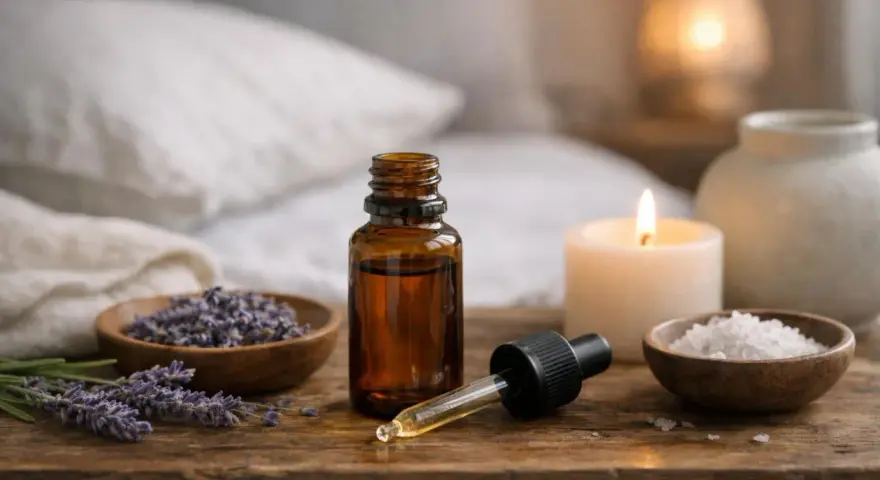 Huile essentielle de lavande, un somnifère naturel, avec des fleurs séchées, du sel et une bougie allumée pour une ambiance relaxante.