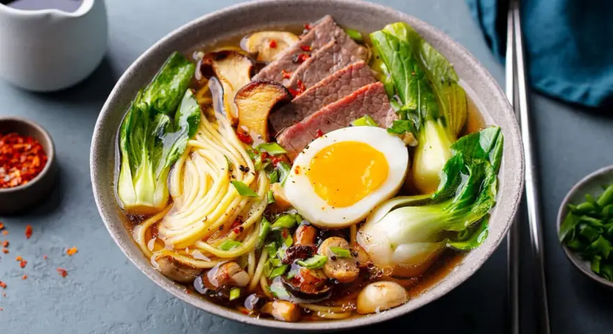Un bol de pâte ramen savoureux avec des tranches de bœuf, un œuf mollet, des champignons et du bok choy.