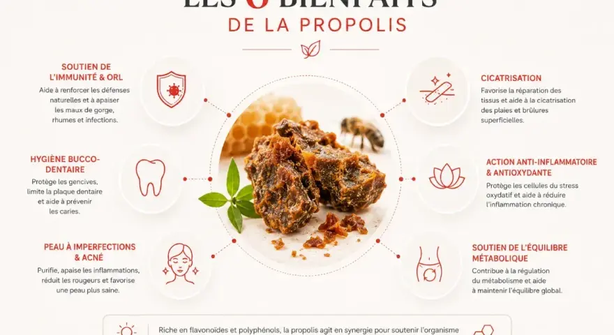 La propolis, bien que bénéfique, peut présenter un danger pour les personnes allergiques. Cette image illustre ses 6 bienfaits.