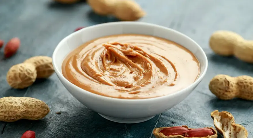 Un bol de sauce cacahuète facile, crémeuse et onctueuse, entouré de cacahuètes entières et décortiquées.