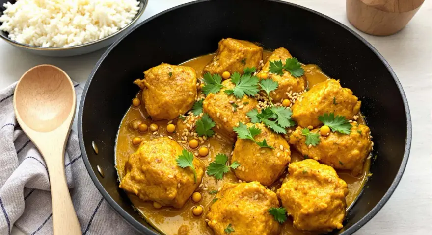 Boulettes de poulet au curry, parsemées de sésame et de coriandre, servies avec du riz blanc. Une recette de riz au curry facile et savoureuse.