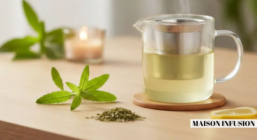 Une théière en verre fumante contient une tisane verveine dorée. Des feuilles fraîches et séchées de verveine, ainsi qu'une tranche de citron, complètent la scène.