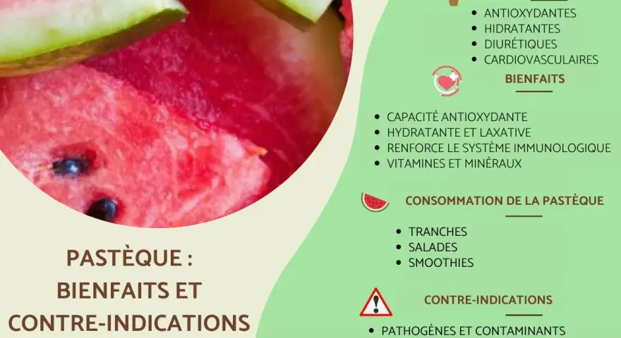 Gros plan sur une pastèque juteuse, avec une liste des bienfaits de la pastèque : hydratante, antioxydante, et renforce le système immunologique.