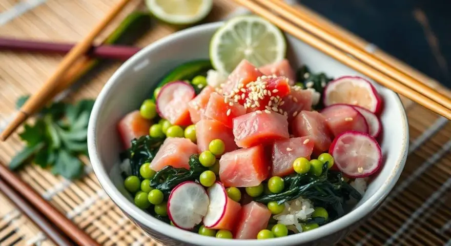 Un délicieux poke bowl riz avec du thon cru, des petits pois, des radis, des algues et des graines de sésame.
