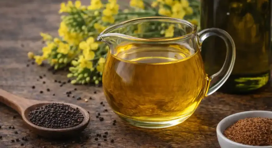 Un pichet de liquide doré, l'huile de colza cuisson, à côté de graines et de fleurs jaunes.