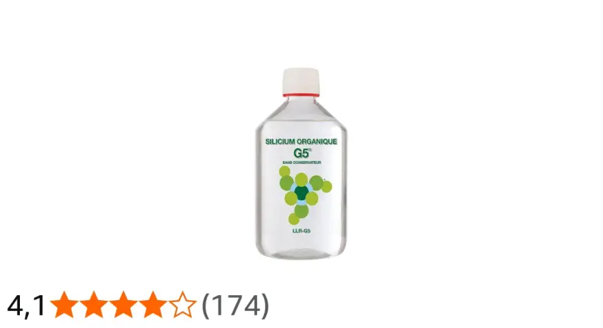 Bouteille de silicium organique G5, sans conservateur, avec un logo de molécules vertes. Évaluation 4,1 étoiles.