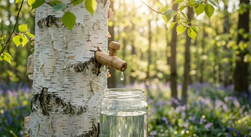 Goutte à goutte, la seve de bouleau coule dans un bocal. La forêt s'éveille au printemps, baignée d'une douce lumière.