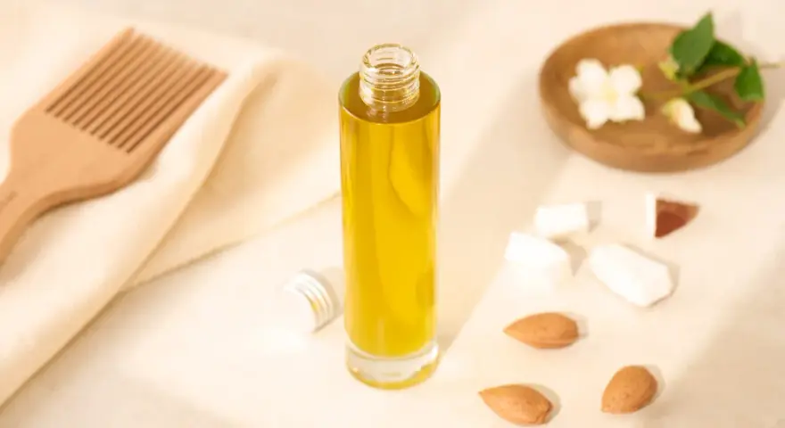Bouteille d'huile d'amande douce pour les cheveux, avec un peigne en bois, des amandes et des fleurs de jasmin.